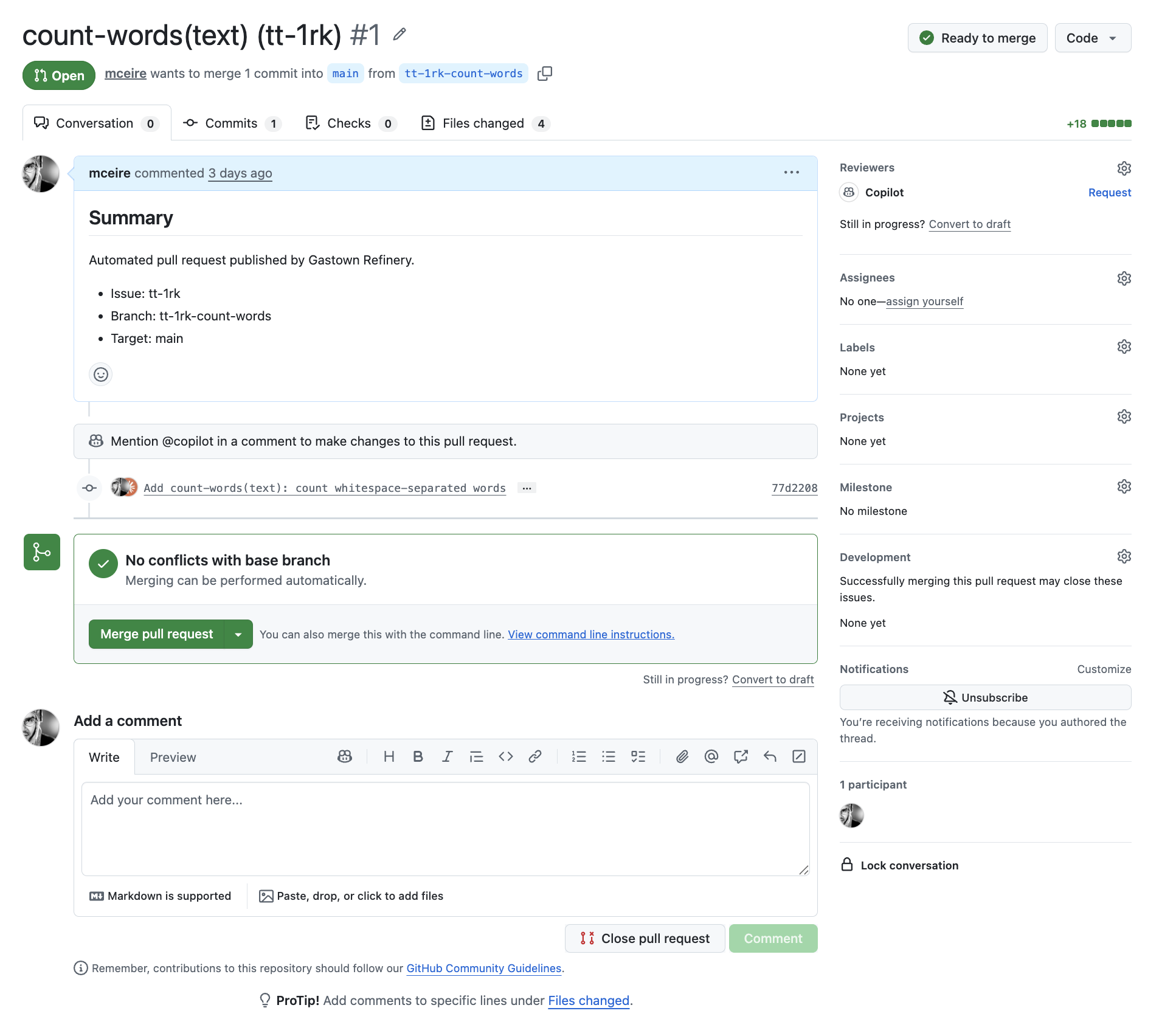 Inside the first pull request. The body is a single line, "Automated pull request published by Gastown Refinery," and it sits ready to merge.