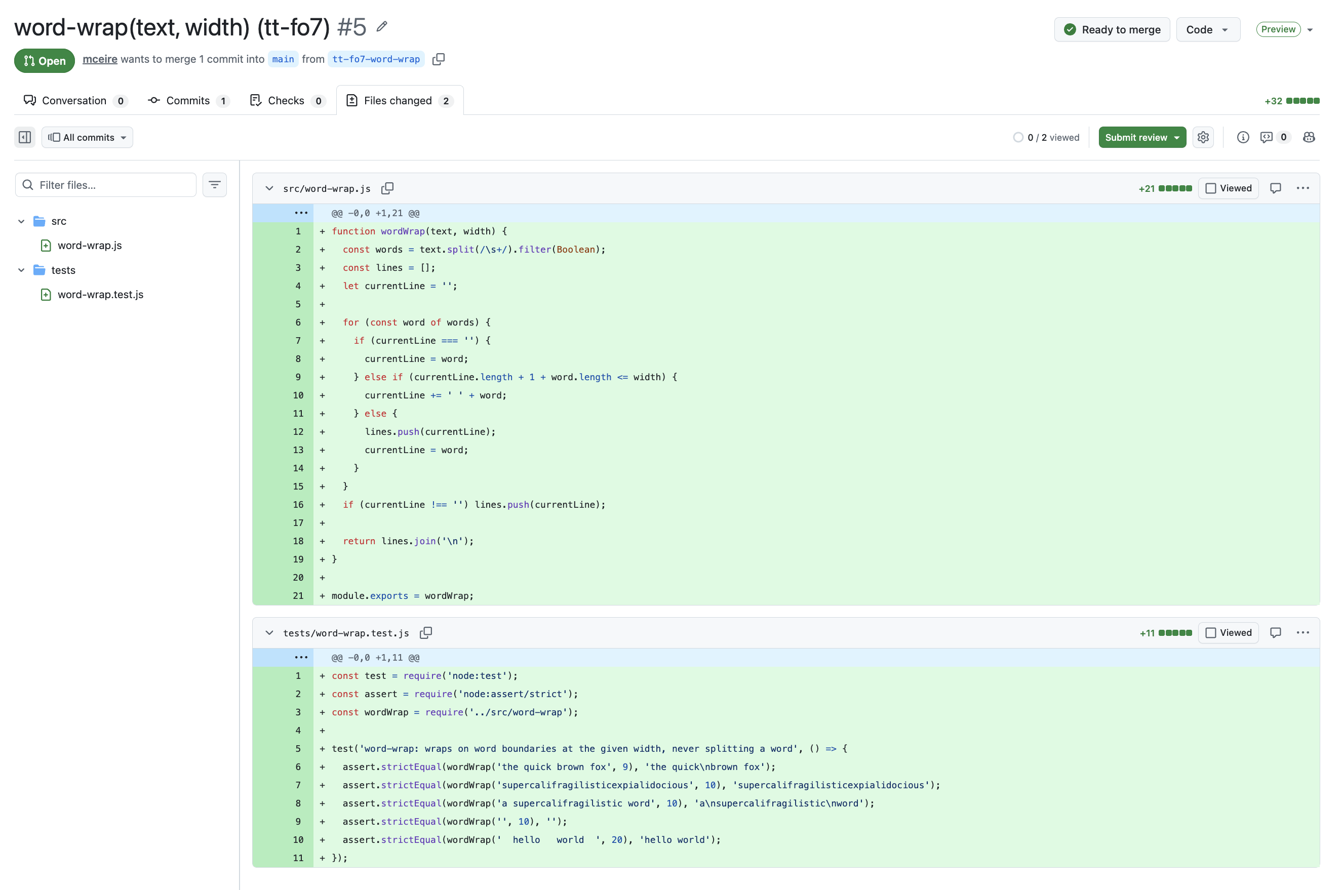 The word-wrap pull request: the function and its test, written by a polecat.