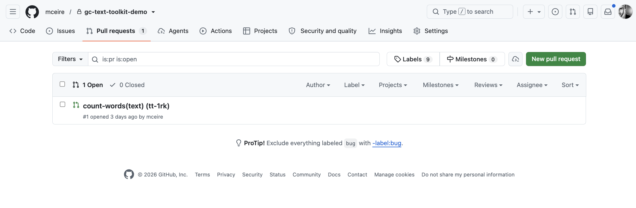 The first pull request showing up in the repo on its own: number 1, count-words, open. I had not opened it.
