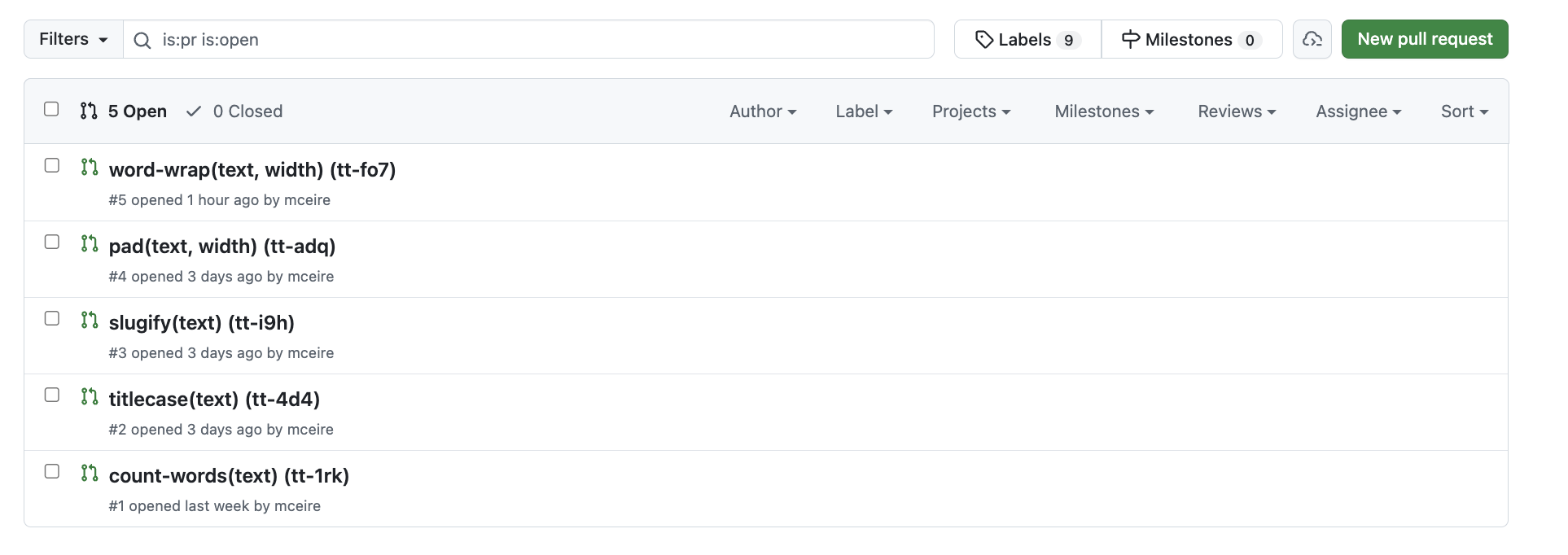 Five pull requests open at once, one per function, none of which I opened.
