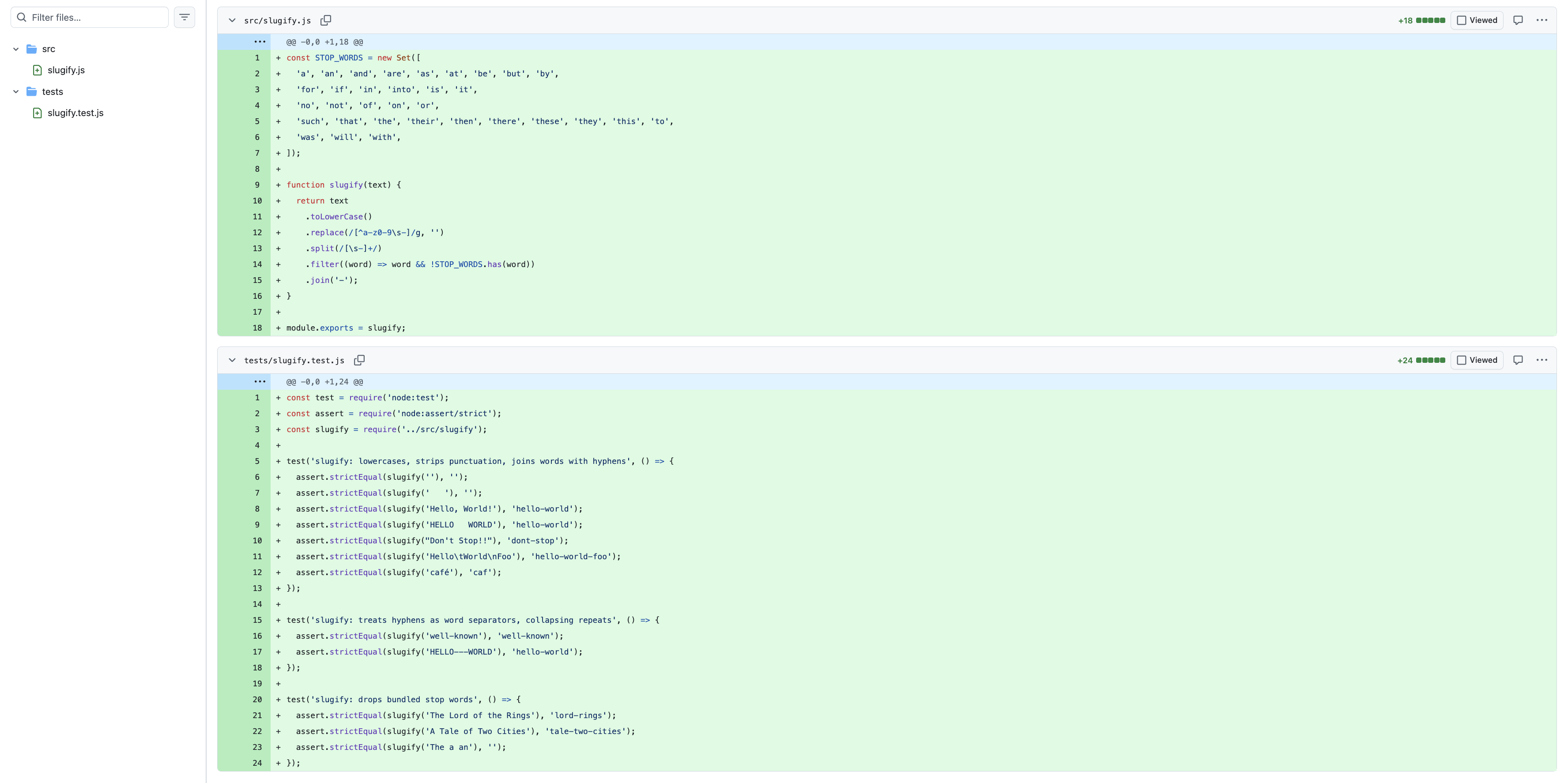 The two files inside PR #6: slugify.js and its test, exactly the diff the reviewer passed. Clean, and still waiting on a human.