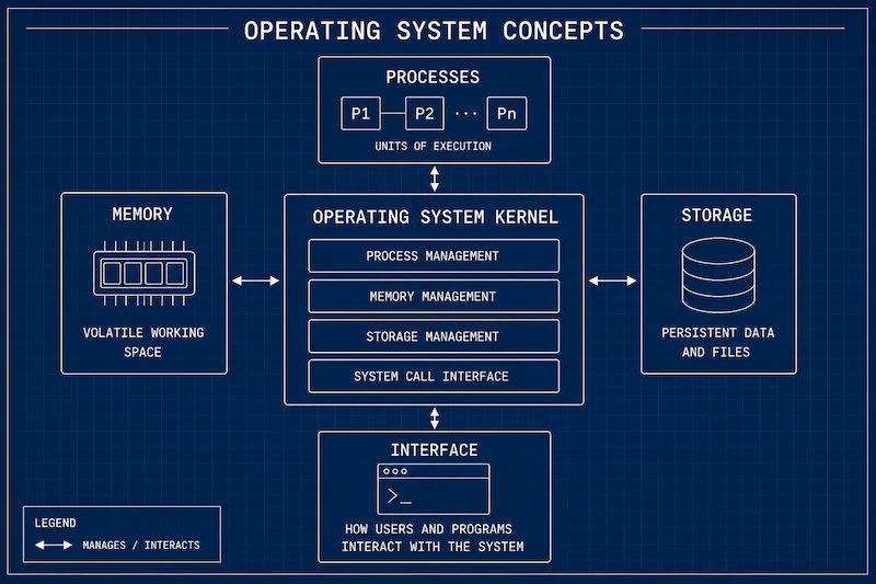 Diagram of operating system concepts: memory, storage, processes, concurrency, and interface, all connected to the operating system kernel