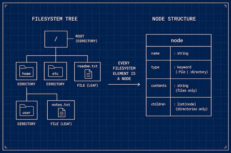 Filesystem tree on the left showing directories and files as nodes, with the node struct on the right showing name, type, contents, and children fields