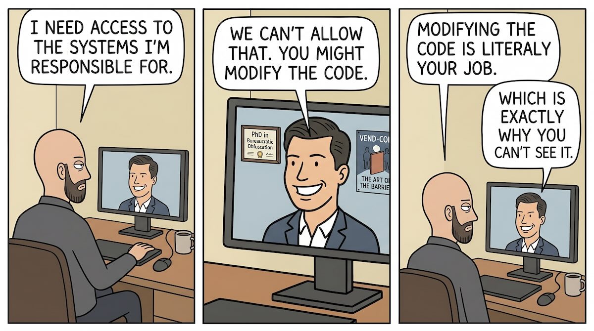 Three-panel comic. Panel 1: 'I need access to the systems I'm responsible for.' Panel 2: 'We can't allow that. You might modify the code.' Panel 3: 'Modifying the code is literally your job. Which is exactly why you can't see it.'